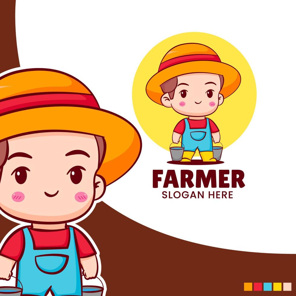 Cute farmer logo. Chibi cartoon character. Vector art illustration