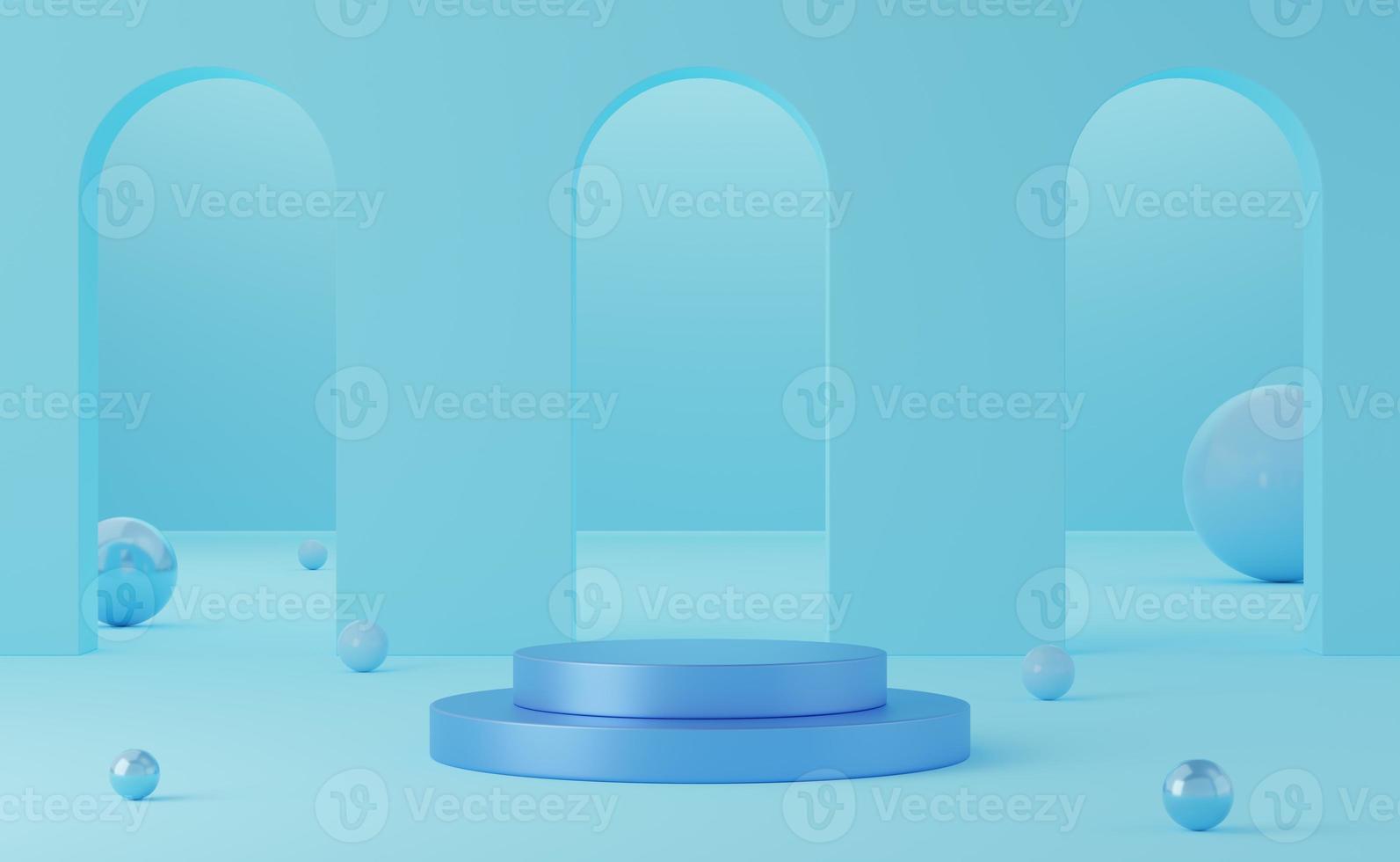 Empty blue cylinder podium and ball on arch blue background. Abstract minimal studio 3d geometric shape object. Mockup space for display of product design. 3d rendering. photo