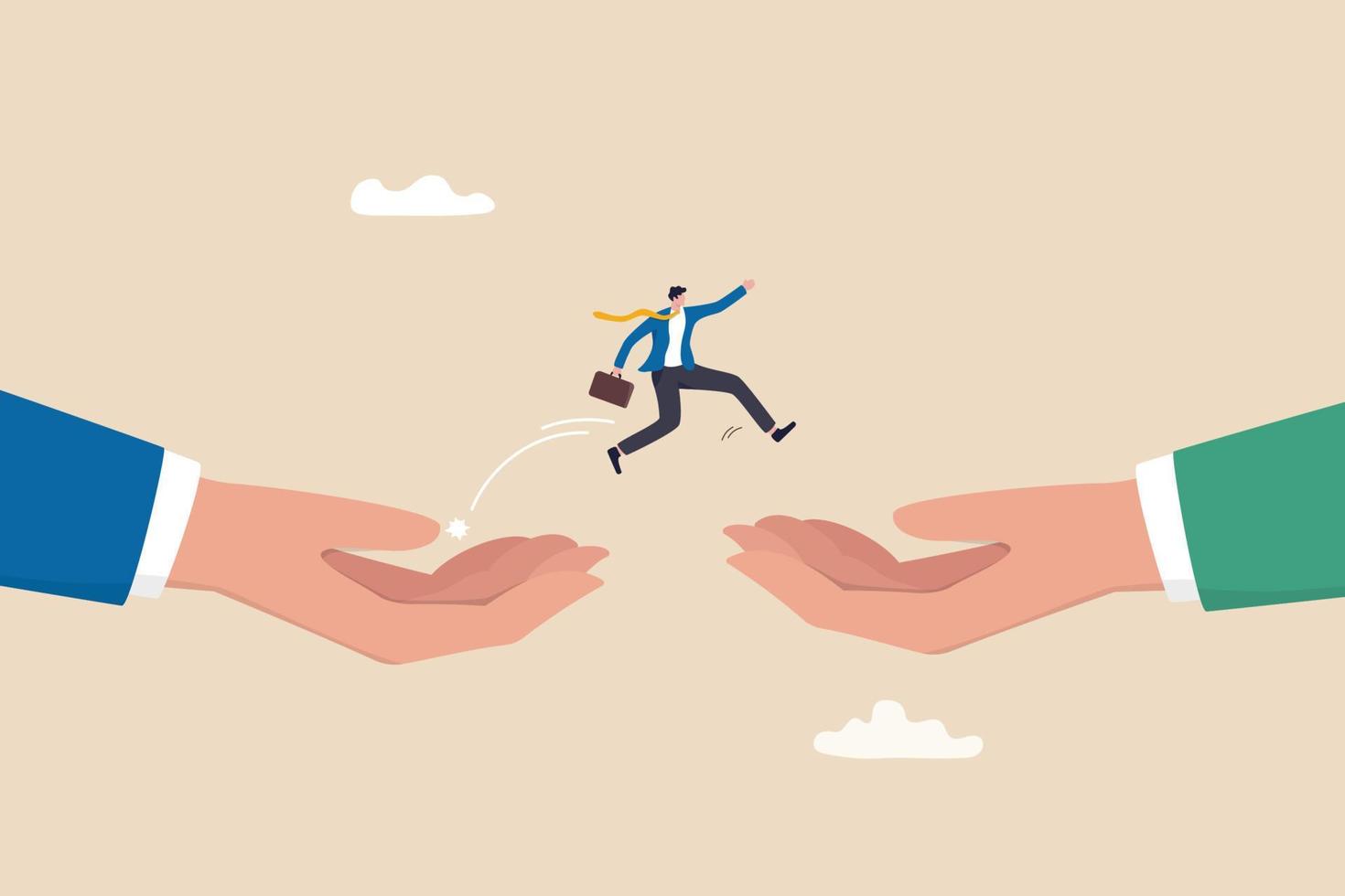 Change job or career, escape from toxic office, determination and courage to change to better place, improvement or progression concept, confidence businessman jumping from giant hand to new place. vector