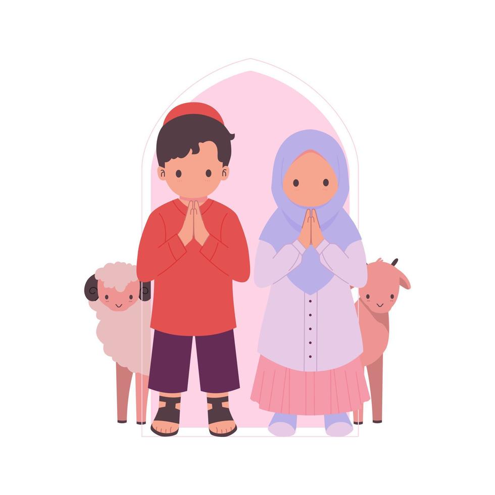 personaje de dibujos animados de niños con sacrificio de animales en la celebración de eid al-adha mubarak. vaca, oveja, cordero, cabra, camello ilustración plana. vector