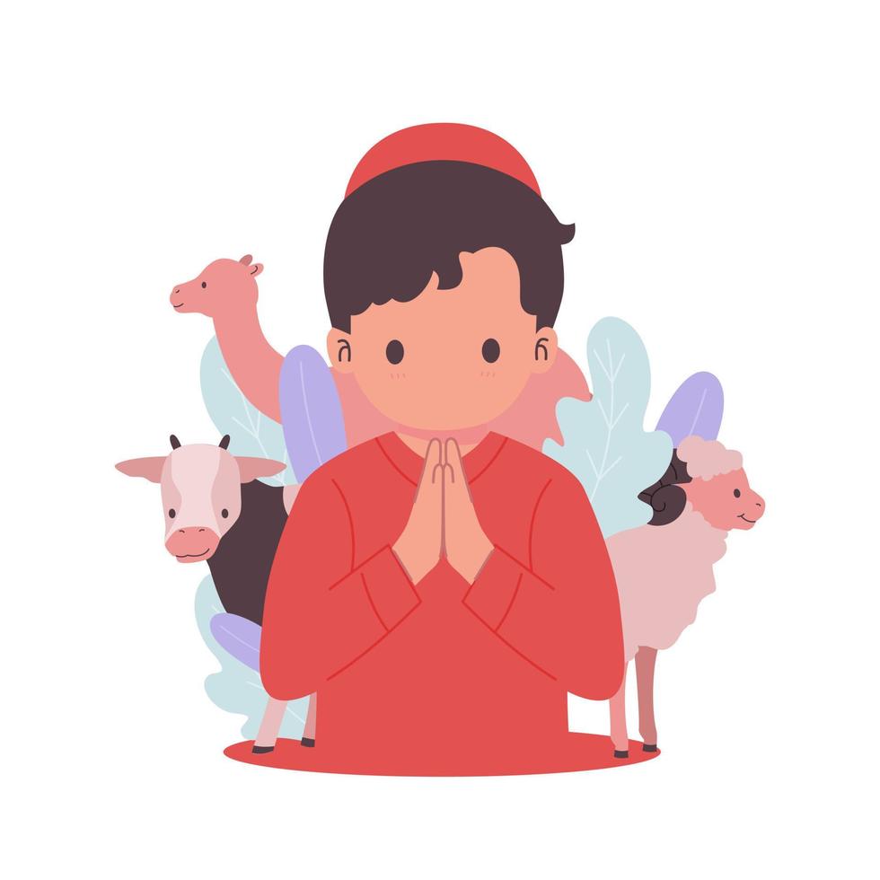 personaje de dibujos animados de niños con sacrificio de animales en la celebración de eid al-adha mubarak. vaca, oveja, cordero, cabra, camello ilustración plana. vector