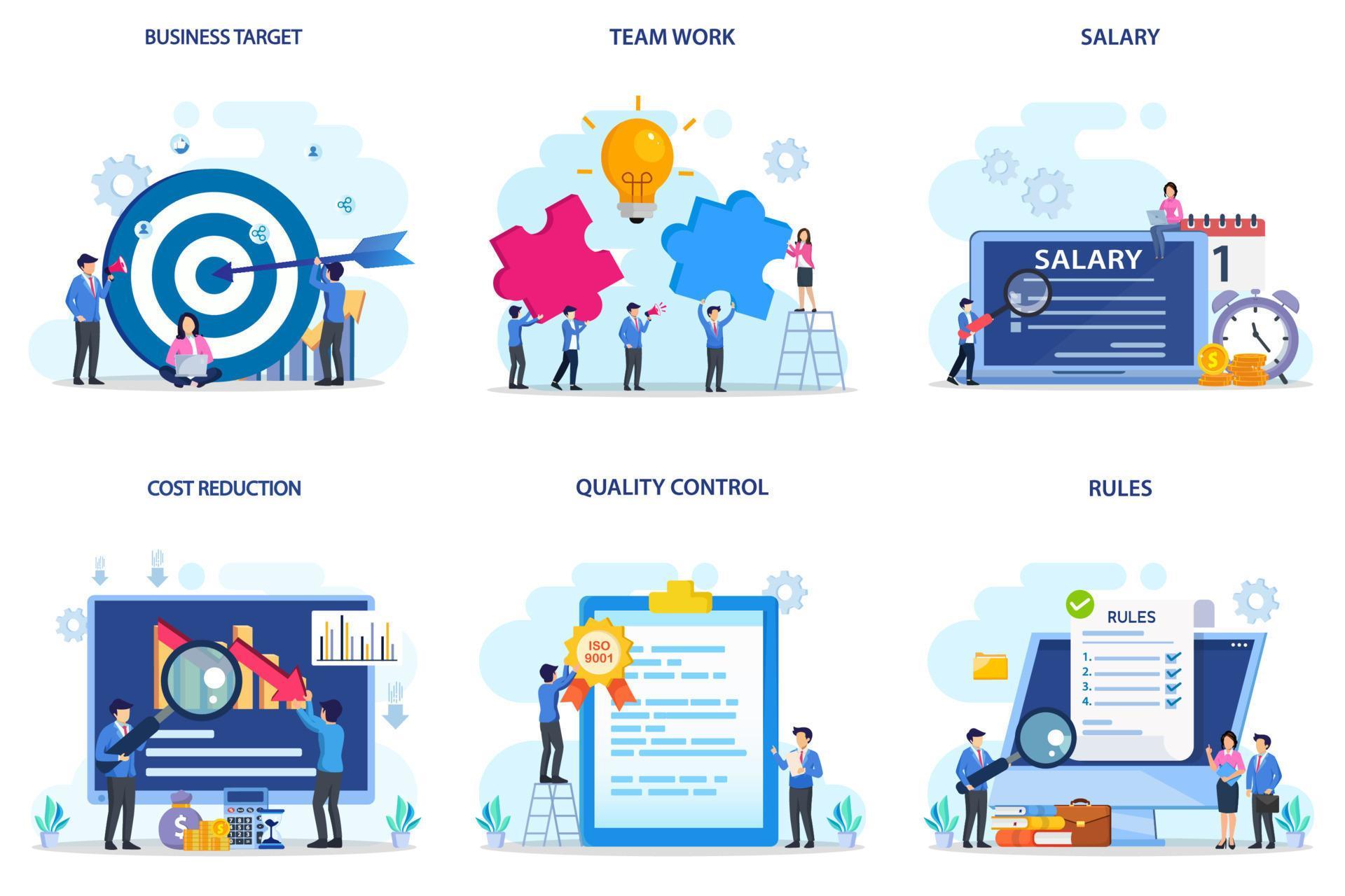 Set bundle Business concept. business target, team work, salary, qost