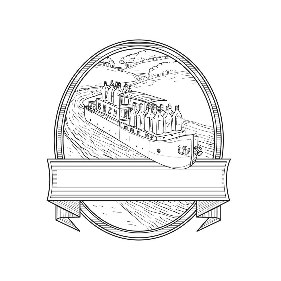 Gin Bottles on Barge River Oval Line Drawing vector