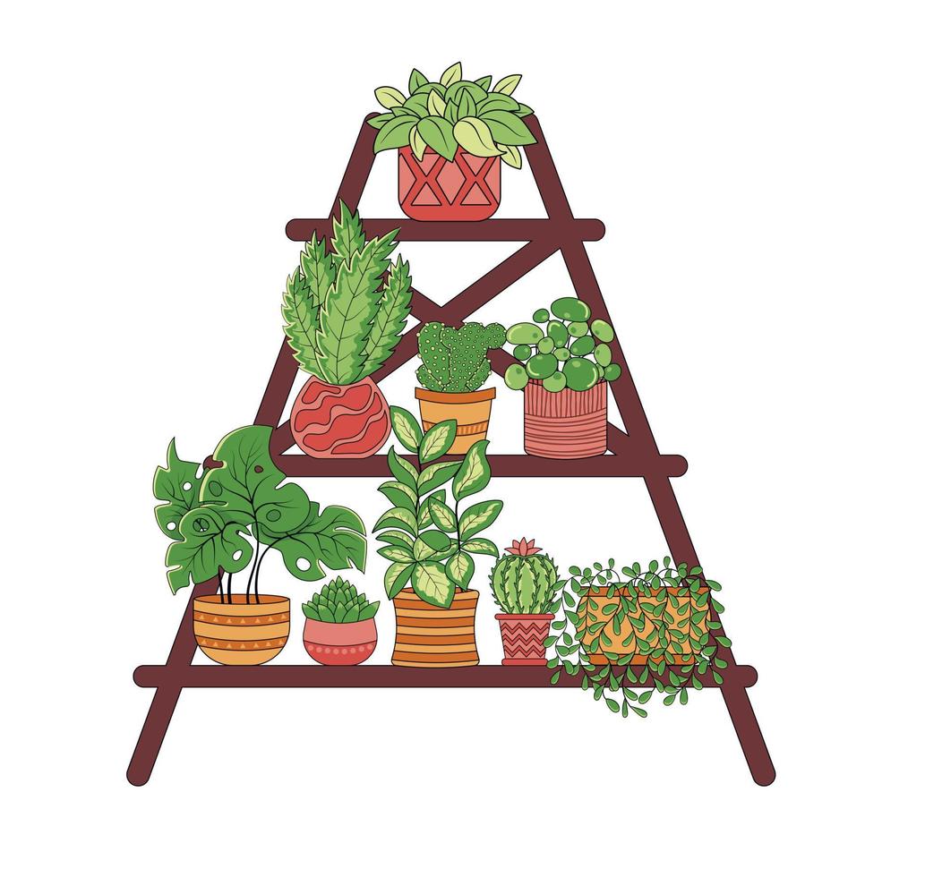 Wooden folding ladder used as shelves for potted houseplants vector
