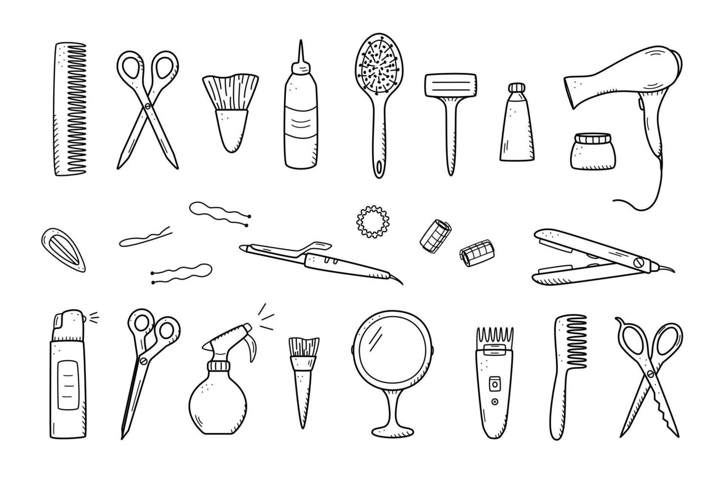 kit de herramientas de peluquería para salón de belleza o uso doméstico. ilustración vectorial de iconos de garabatos para el cuidado personal y del cabello. peine, maquinilla de afeitar, secador de pelo, rizador y otros artículos vector