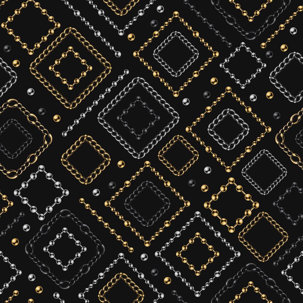 Seamless background with rhombus, squares from various metal chains on black background. Golden, silver, black steel colors. Vector illustration for print, fabric, textile.