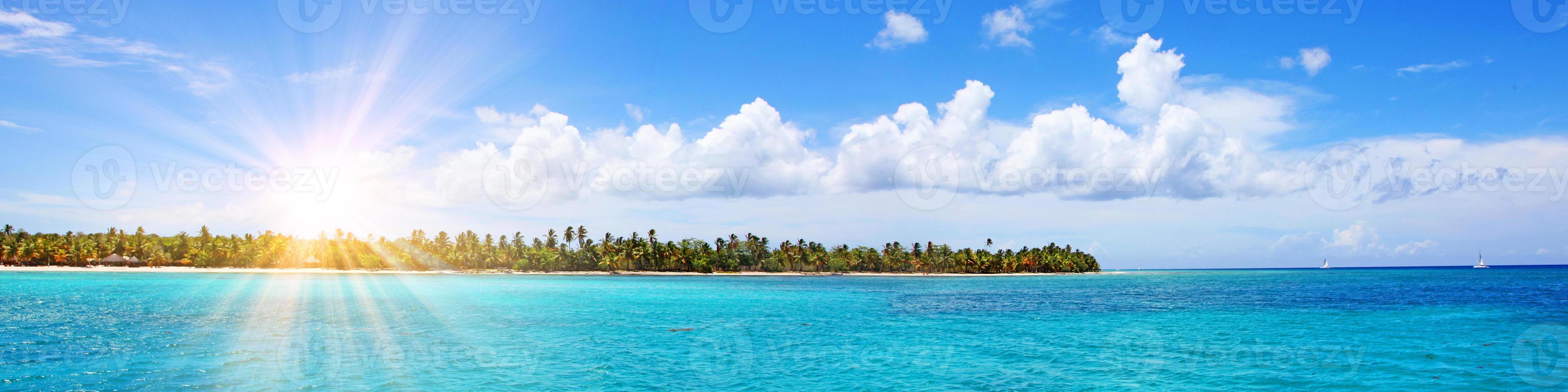Tropical island with palms and beach panorama as background photo