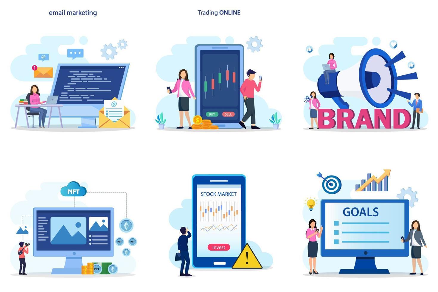 Set bundle Business concept. email marketing, trading online, brand name, NFT, stock market, goal. vector