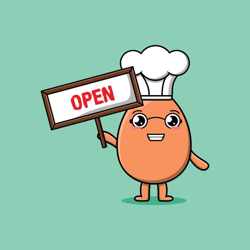 Cute cartoon brown cute egg holding open sign vector