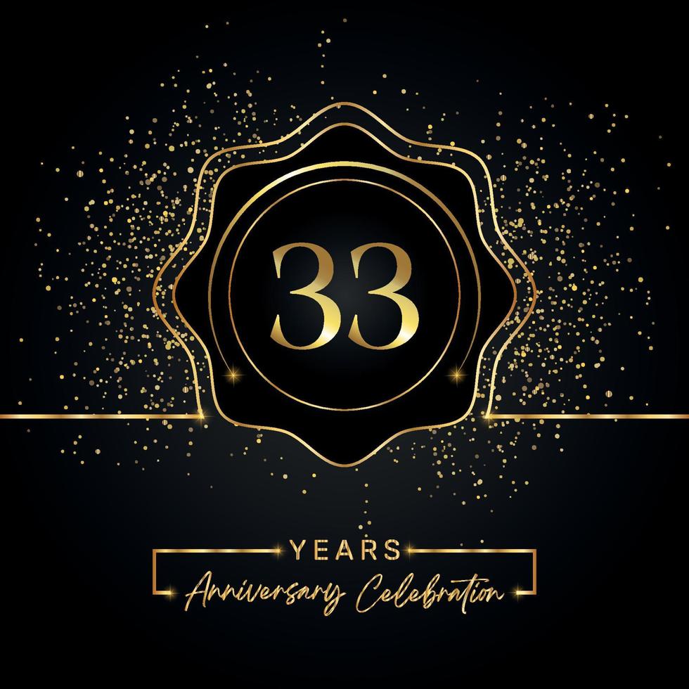 Celebración del aniversario de 33 años con marco de estrella dorada aislado en fondo negro. diseño vectorial para tarjeta de felicitación, fiesta de cumpleaños, boda, fiesta de evento, tarjeta de invitación. Logotipo de aniversario de 33 años. vector