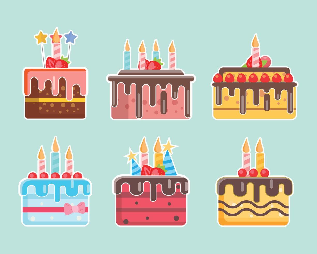 colección de tartas de cumpleaños, juego de tartas deliciosas, icono vectorial vector