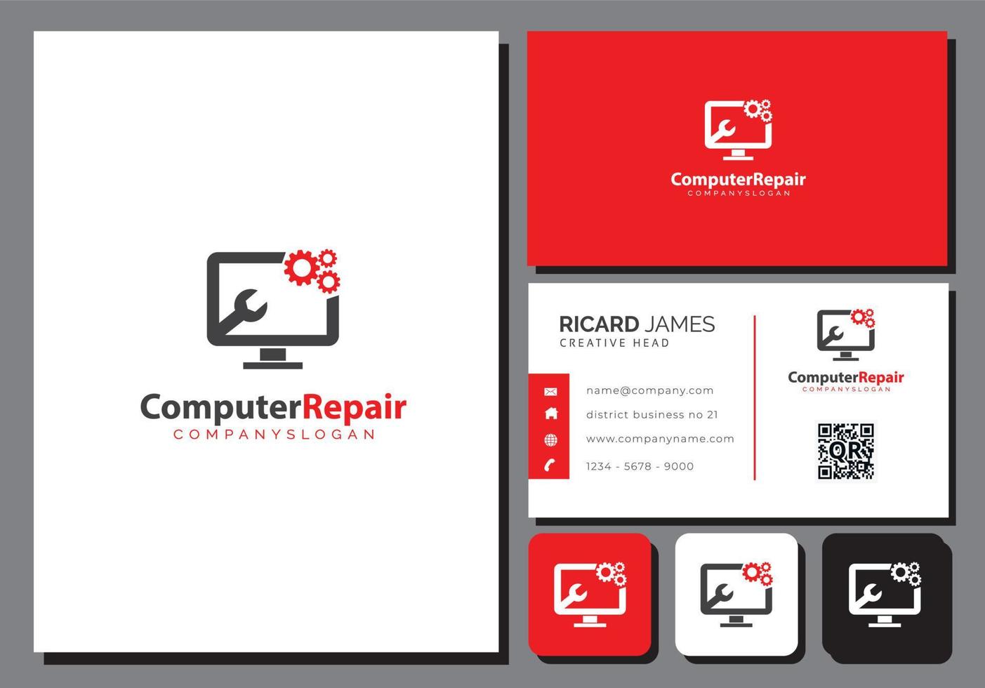 plantilla de logotipo de servicio de reparación de computadoras con tarjeta de visita vector