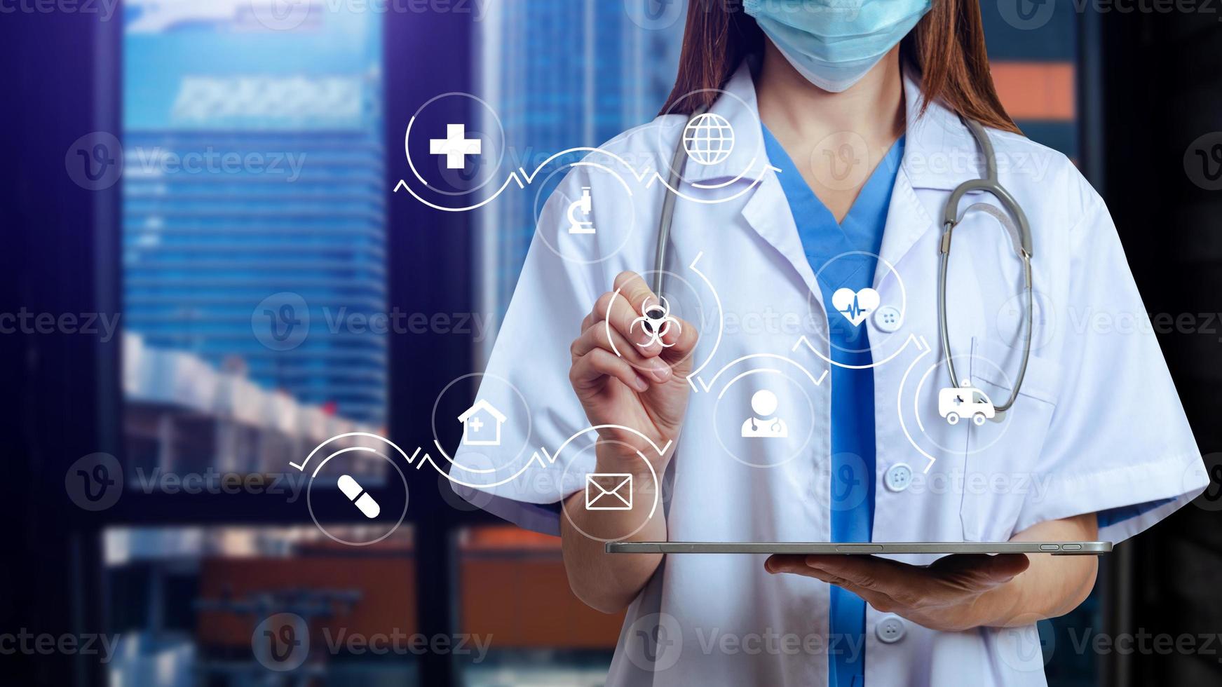 Health care and medical technology services concept with cinematography screen.Smart medical doctor working photo