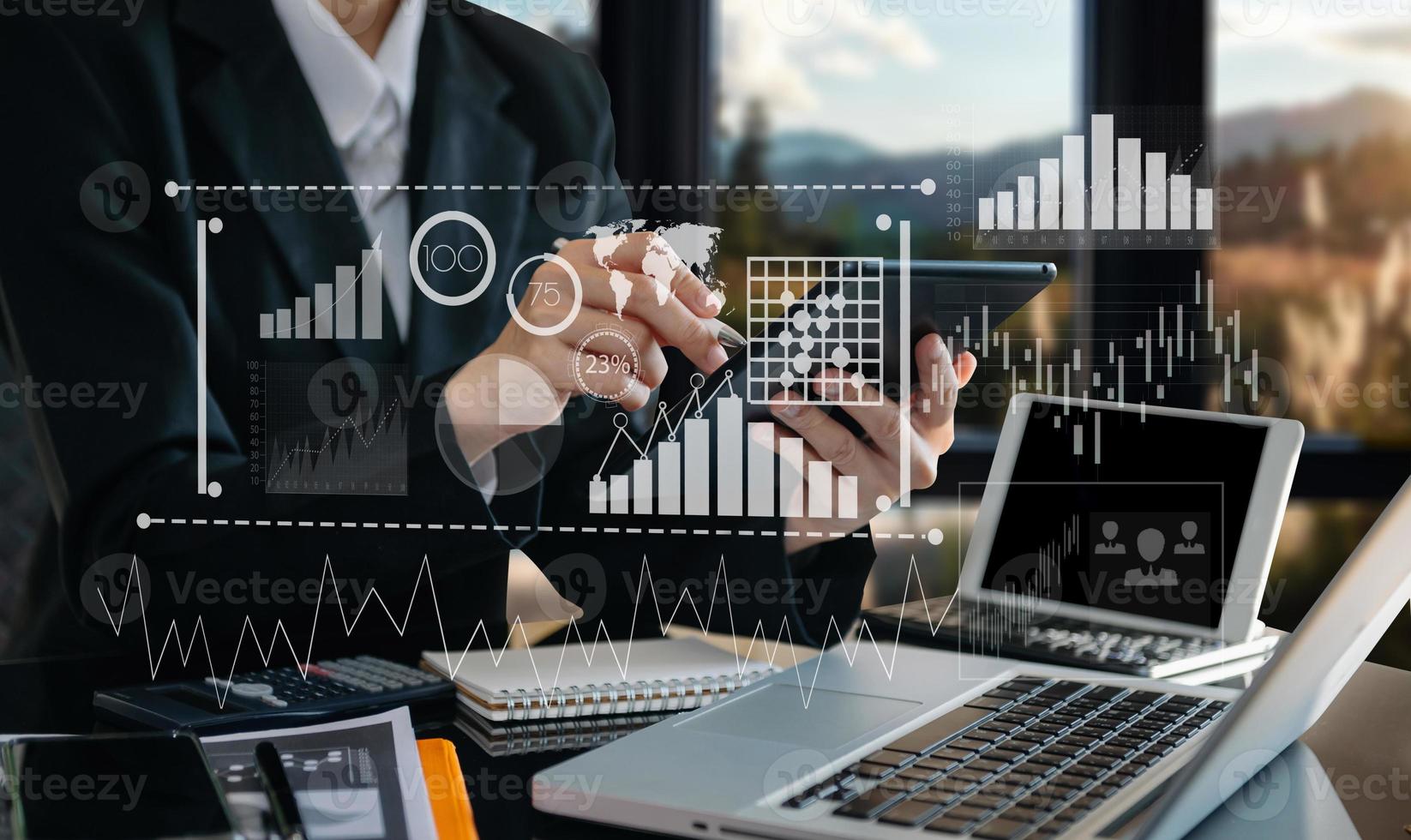 Financial report data of business operations balance sheet and income statement as Fintech concept. business operations balance sheet and income statement and diagram working photo