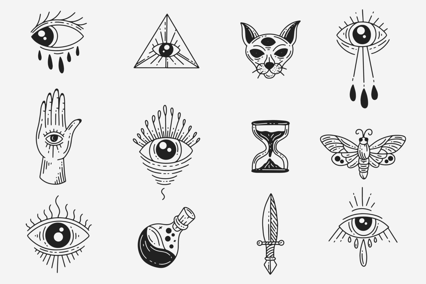 conjunto colección místico celestial oscuro santo sencillo minimalismo tatuaje clipart símbolo espacio garabato esotérico elementos vintage ilustración vector