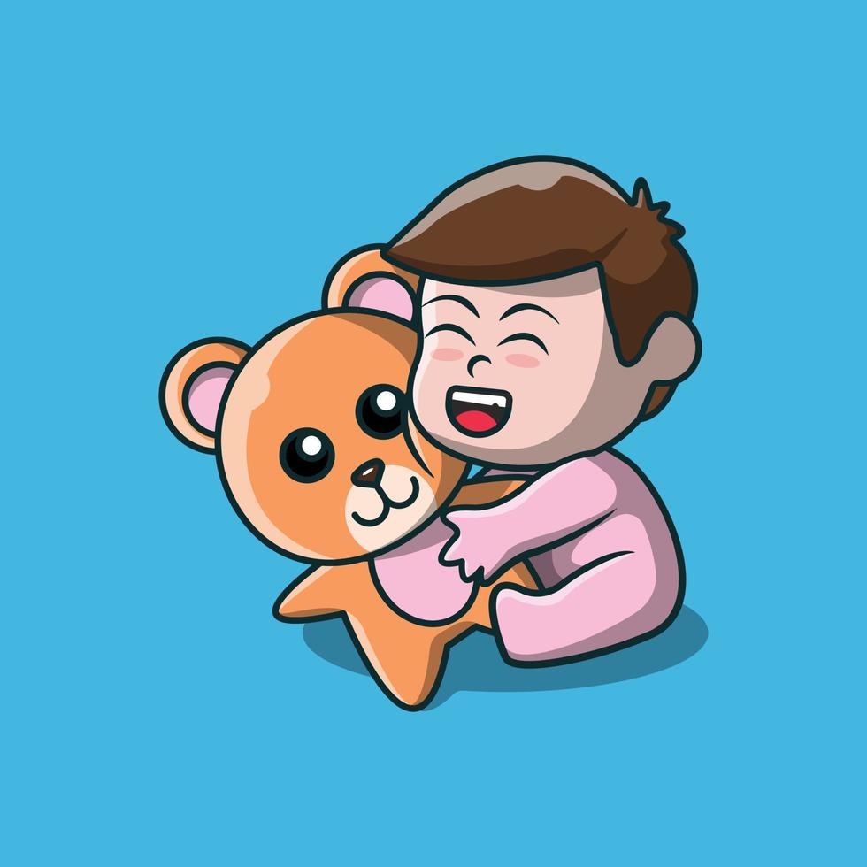 linda ilustración de niño jugando con osito de peluche vector