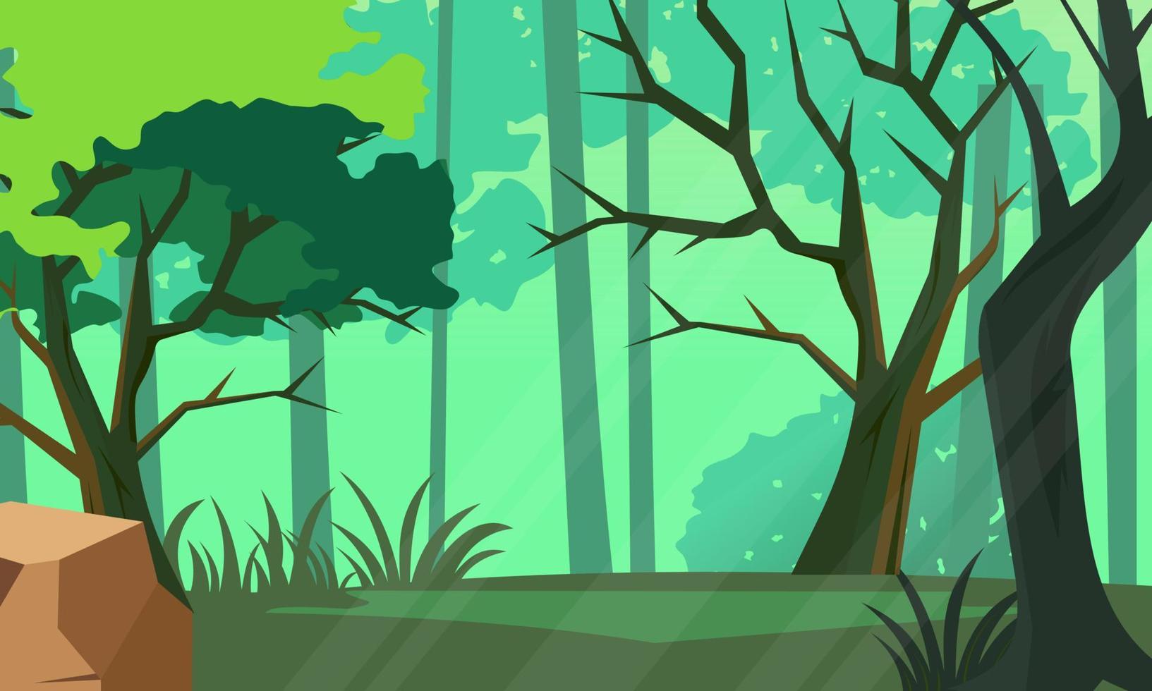 paisaje de la selva. panorama con plantas tropicales, lianas y tronco de árbol con luz solar que cae sobre hierba verde en el suelo vector