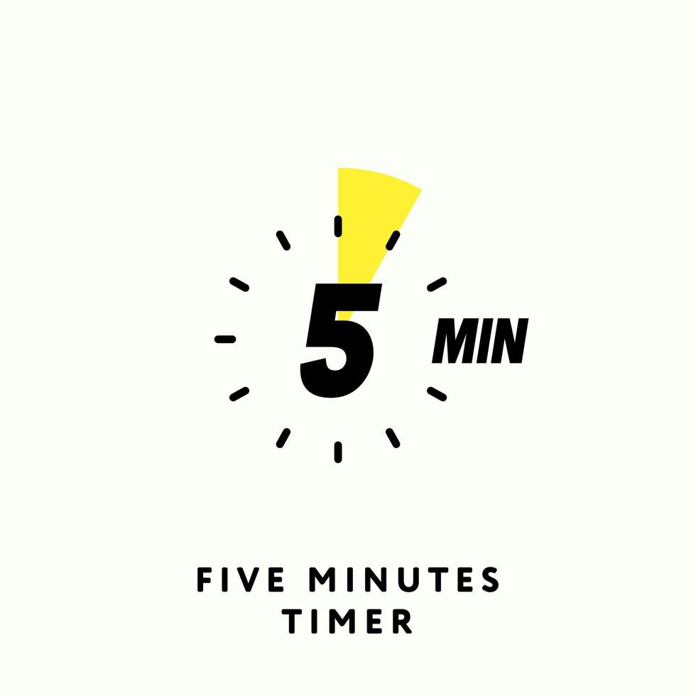 5 Minute Timer Icon, modern flat design. Clock, stop watch, chronometer showing five minutes label. Cooking time, countdown indication. Isolated Vector eps.