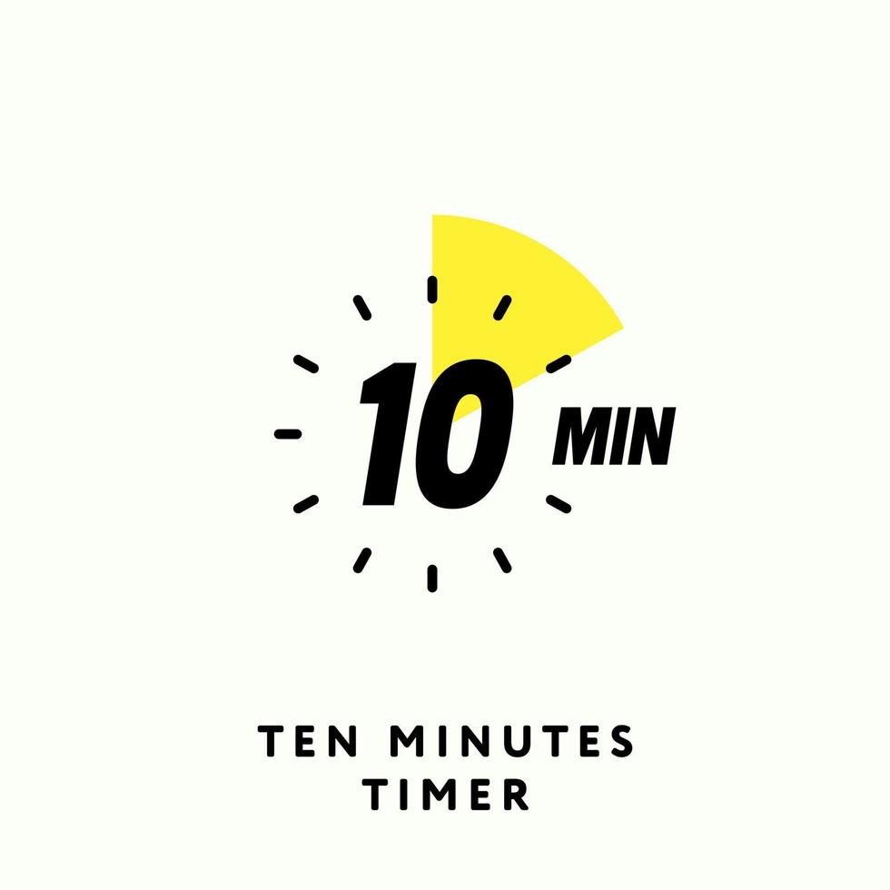 10 Minutes Timer Icon, modern flat design. Clock, stop watch, chronometer showing ten minutes label. Cooking time, countdown indication. Isolated Vector eps.