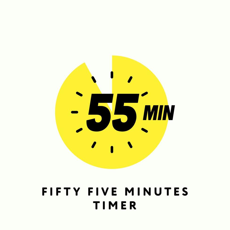 55 Minutes Timer Icon, Modern Flat Design. Clock, Stopwatch, Chronometer Showing Fifty Five Minutes Label. Cooking time, Countdown Indication. Isolated Vector eps.