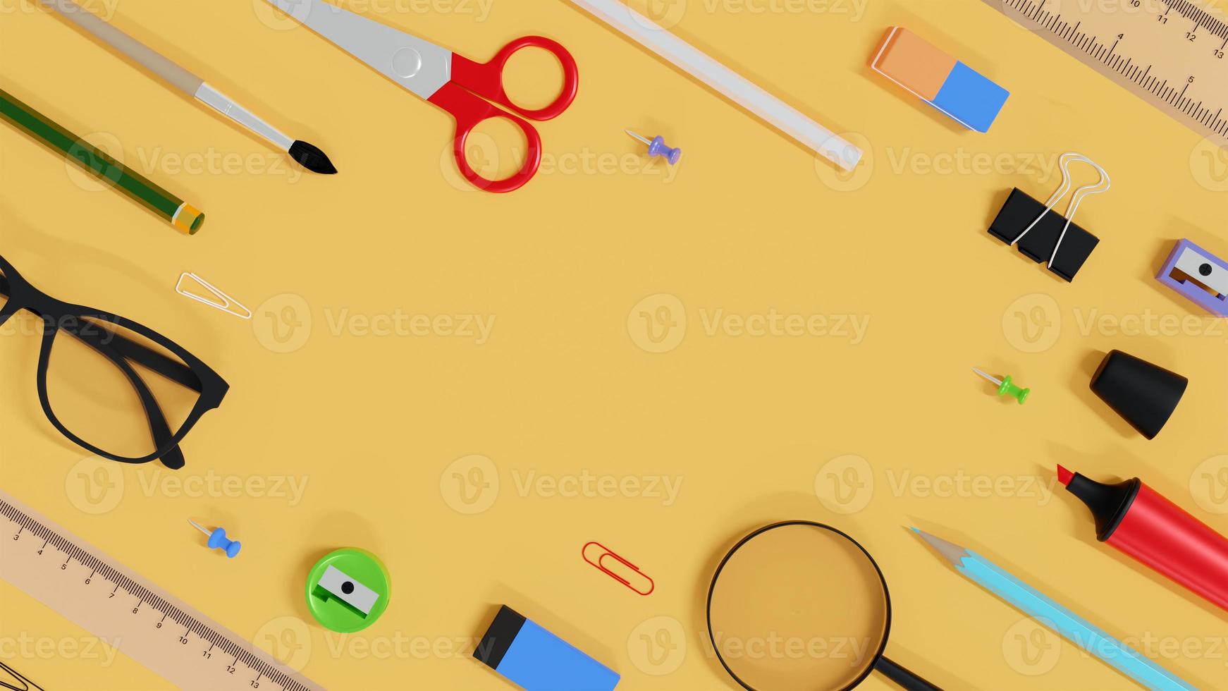 back to school supplies on yellow table background photo