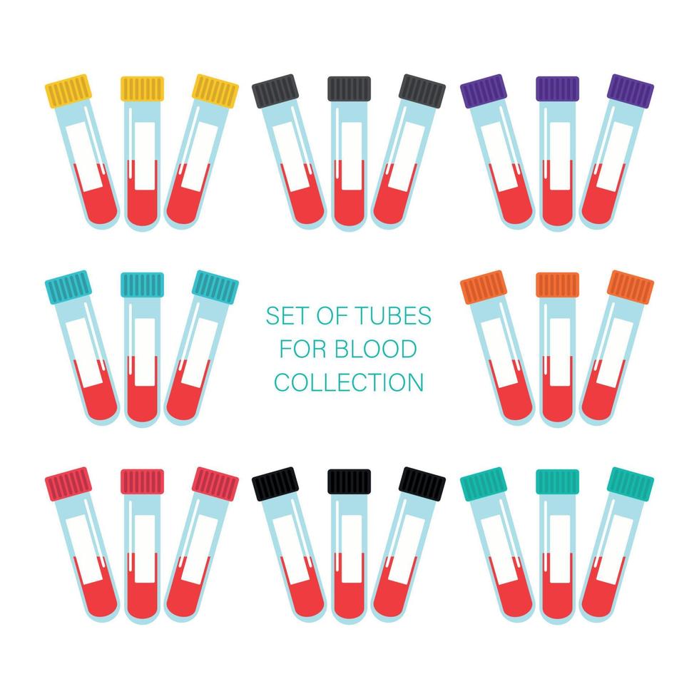 A set of test tubes for collecting blood. Medical equipment set with colorful tops isolated on white. Vector illustration.