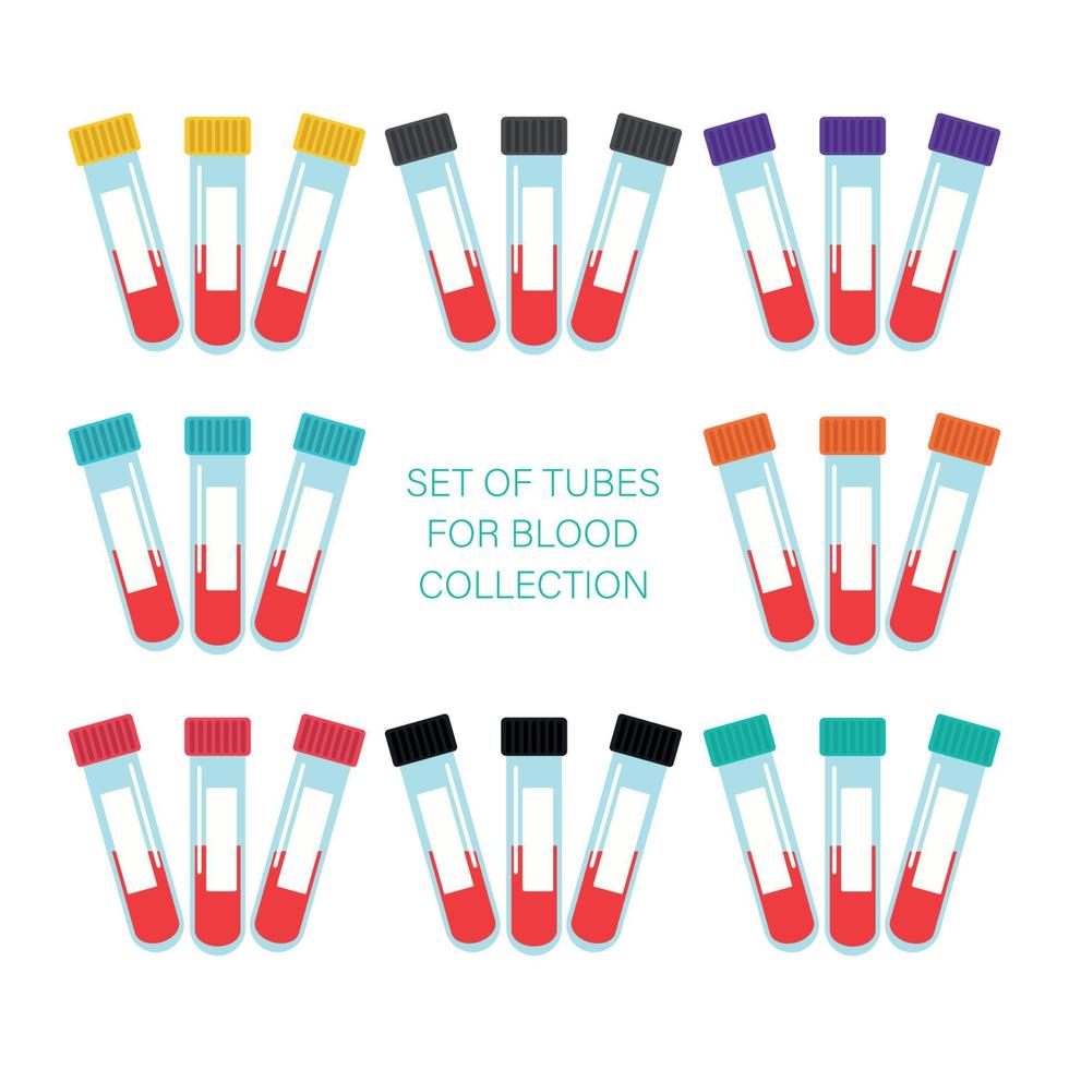 A set of test tubes for collecting blood. Medical equipment set with colorful tops isolated on white. Vector illustration.