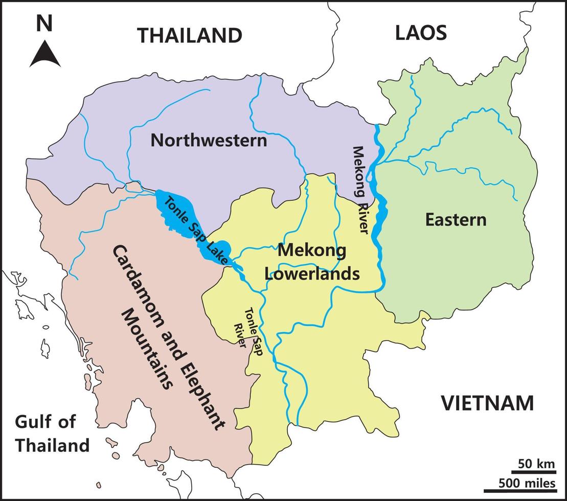 Map of Cambodia includes four regions Northwestern Cardamom and Elephant Mountains, Mekong Lowlands, and Eastern. Mekong River basin and Tonle Sap Lake. vector