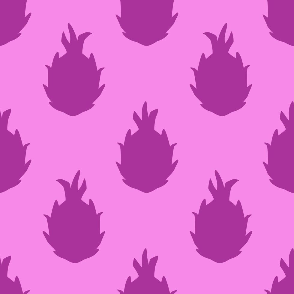 Purple Dragon Fruit Seamless Pattern, in Flat Design Style. Hand Drawn Cartoon Pitaya Fruits on Bright Purple Background, Simple Tropical Design. Summer Illustration. vector