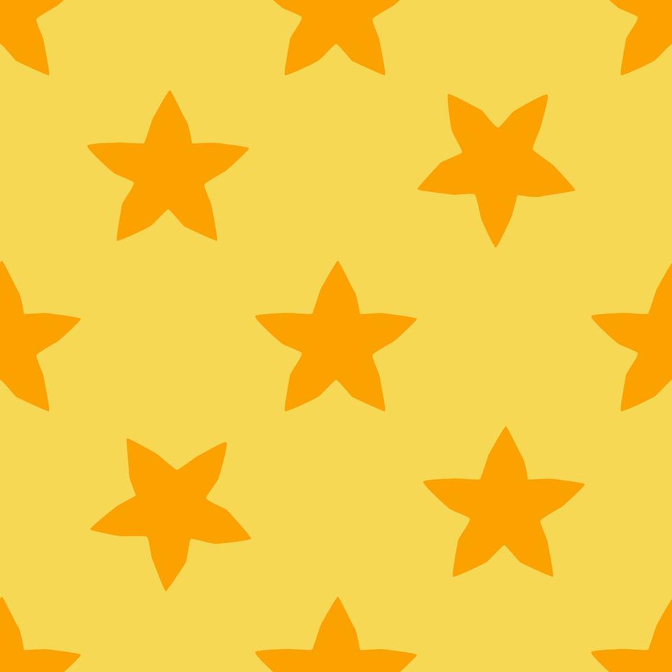 Patrón transparente de fruta de estrella amarilla, en estilo de diseño plano. frutas estrella de dibujos animados dibujados a mano sobre fondo amarillo, diseño tropical simple. ilustración de verano. vector