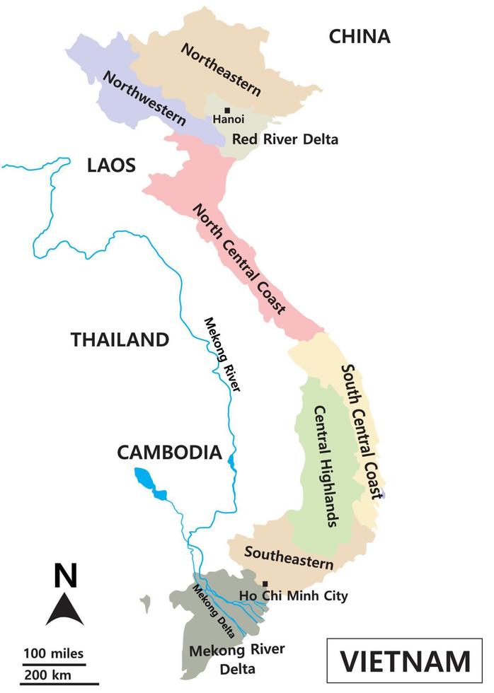 Map of Vietnam includes regions, Mekong River basin, Tonle Sap Lake, and border line countries Thailand, Cambodia, Southern China sea, and Laos vector