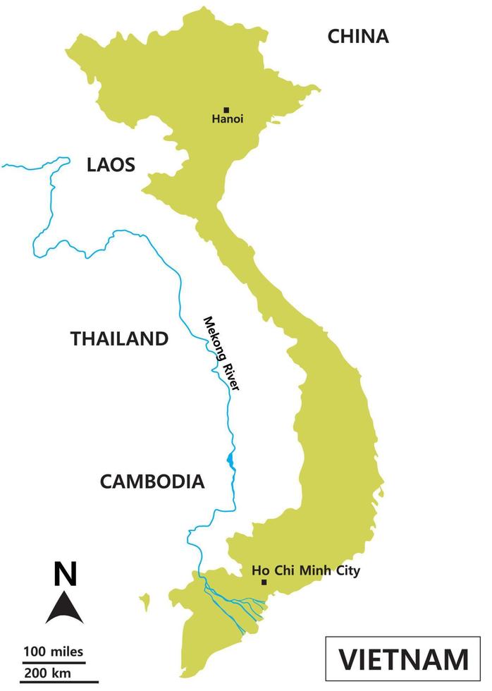 el mapa de vietnam incluye regiones, la cuenca del río mekong, el lago tonle sap y los países fronterizos de tailandia, camboya, el mar de china meridional y laos vector