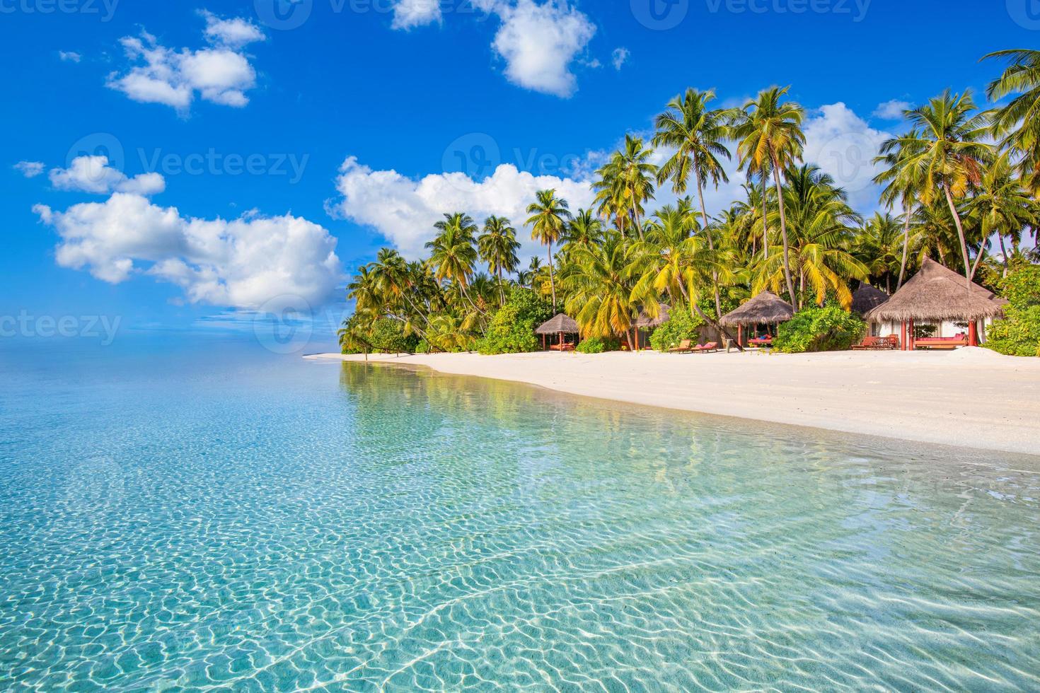 Paradise beach resort with palm trees and straw umbrellas and tropical sea in Maldives island. Summer vacation and tropical beach concept. photo