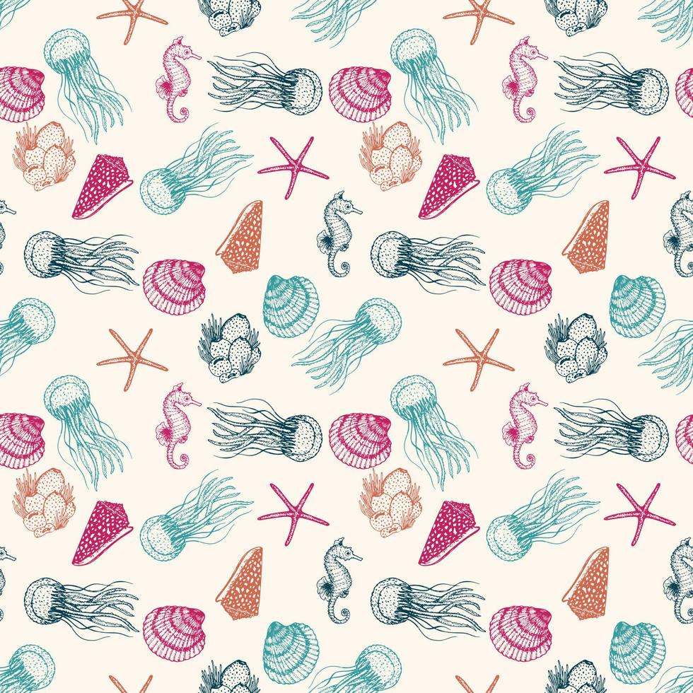 Hand drawn sea fishes seamless background. Surface pattern for textile, wallpaper and wrapping. vector