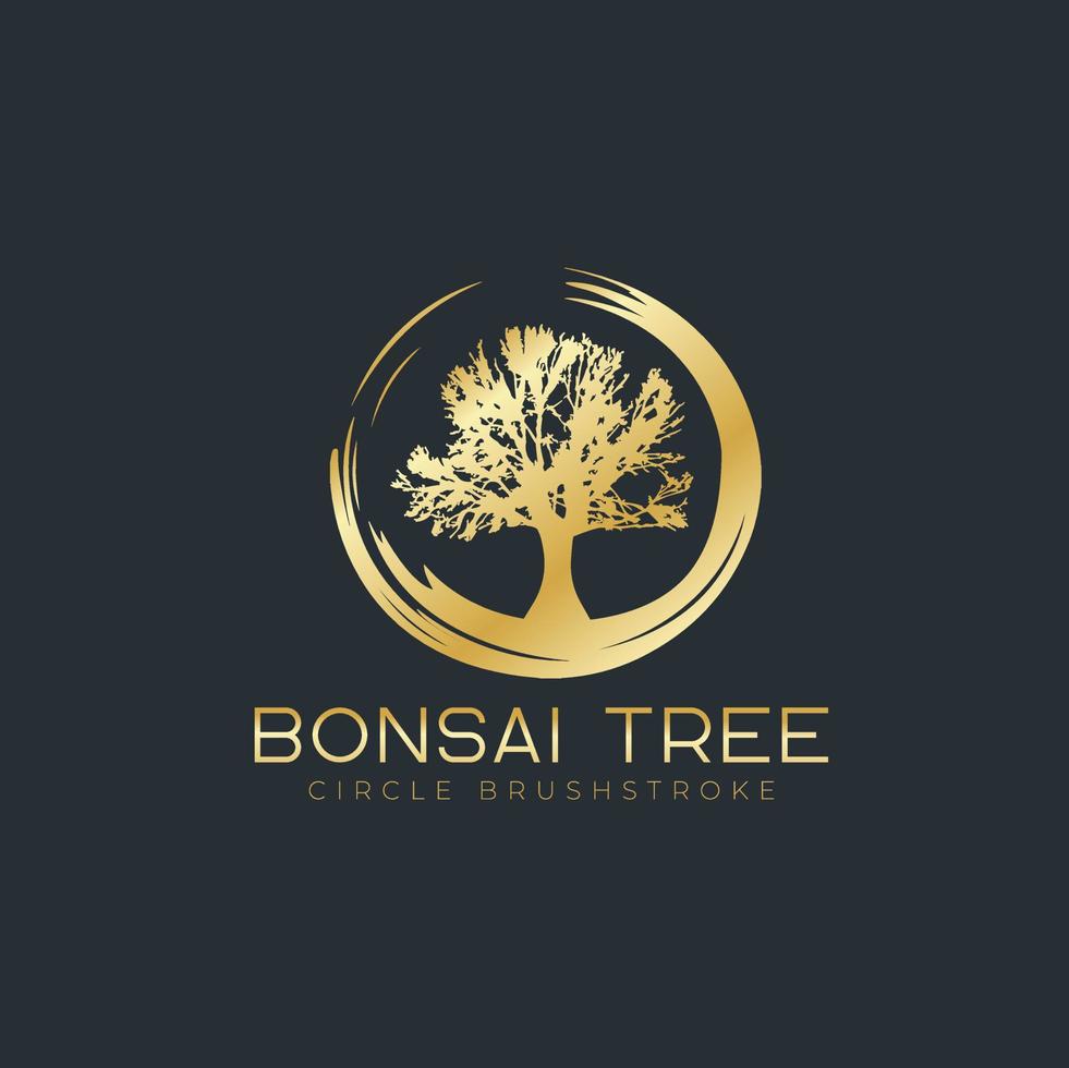 Circle brushstroke with bonsai tree logo, plant silhouette icons on white background. vector