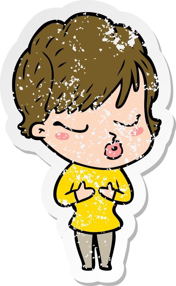 distressed sticker of a cartoon woman with eyes shut vector