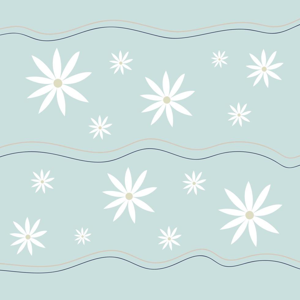 patrón maravilloso margarita trippy. margaritas y líneas sobre fondo azul claro. Fondo floral de vibraciones de los años 70. ilustración vectorial dibujada a mano en estilo plano. vector