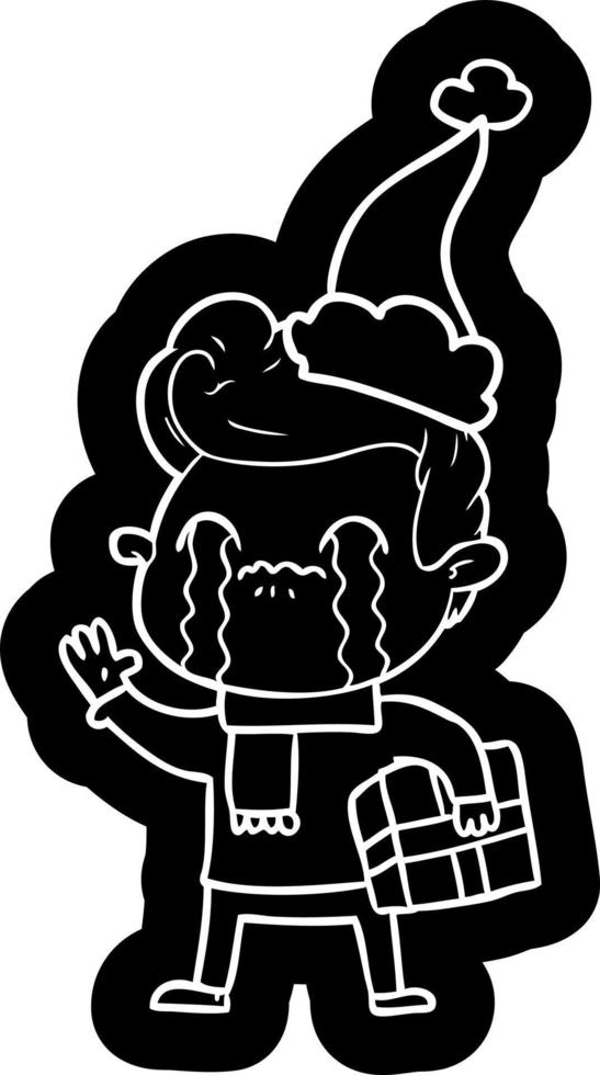 cartoon icon of a man crying wearing santa hat vector