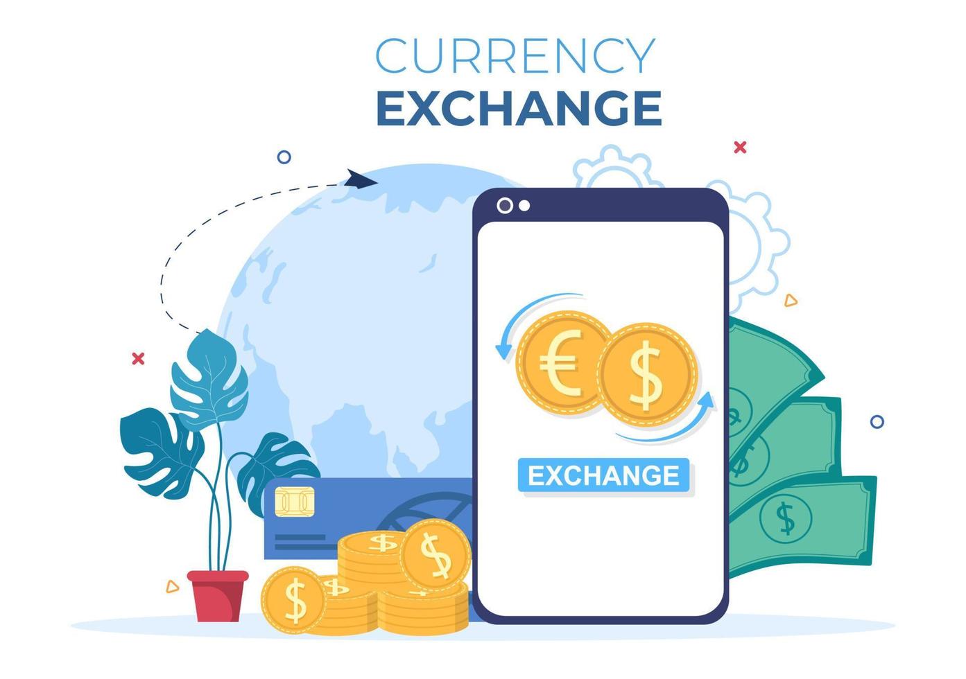 World Currency Exchange Services Cartoon Illustration Online Economy Applications for Cryptography, Euro, Dollar with Transaction Code vector