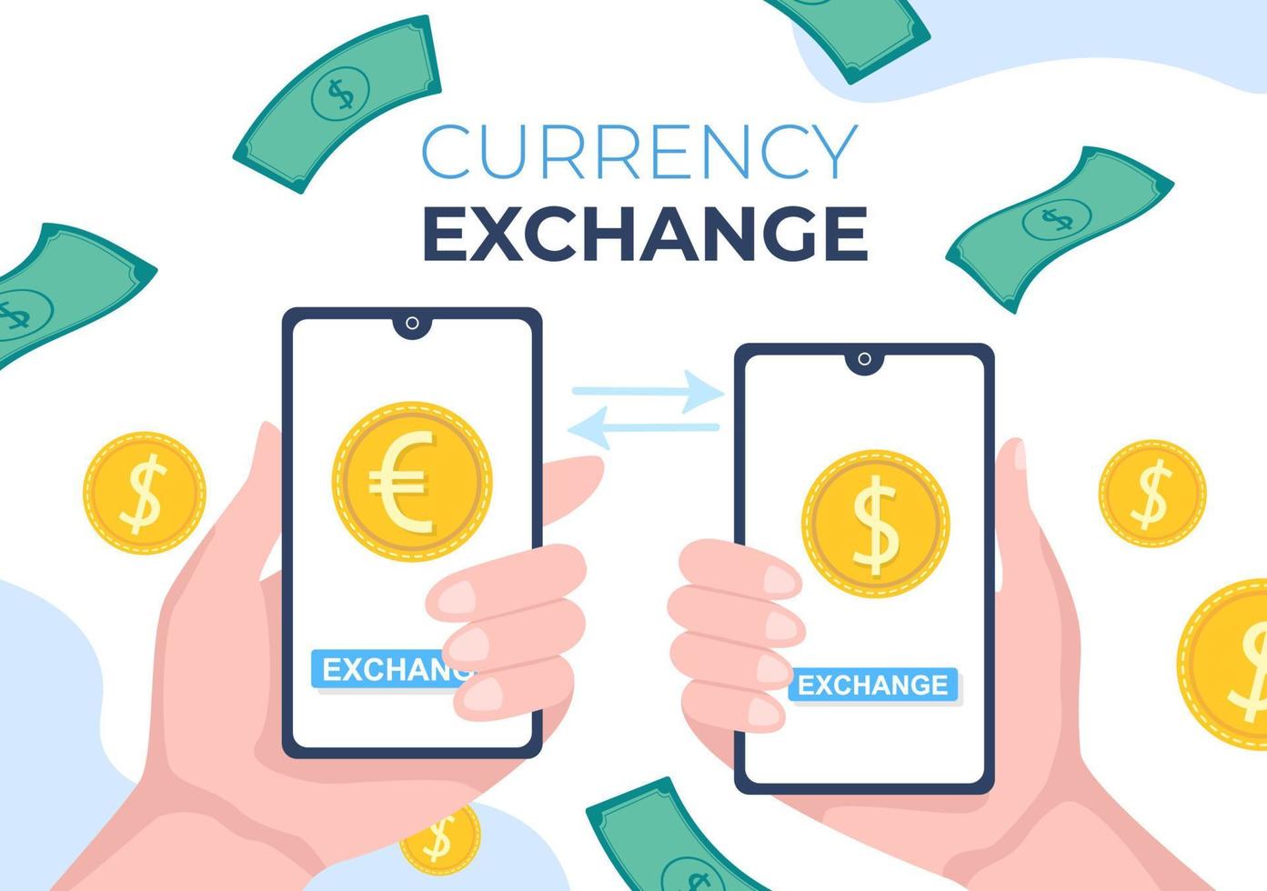 World Currency Exchange Services Cartoon Illustration Online Economy Applications for Cryptography, Euro, Dollar with Transaction Code vector