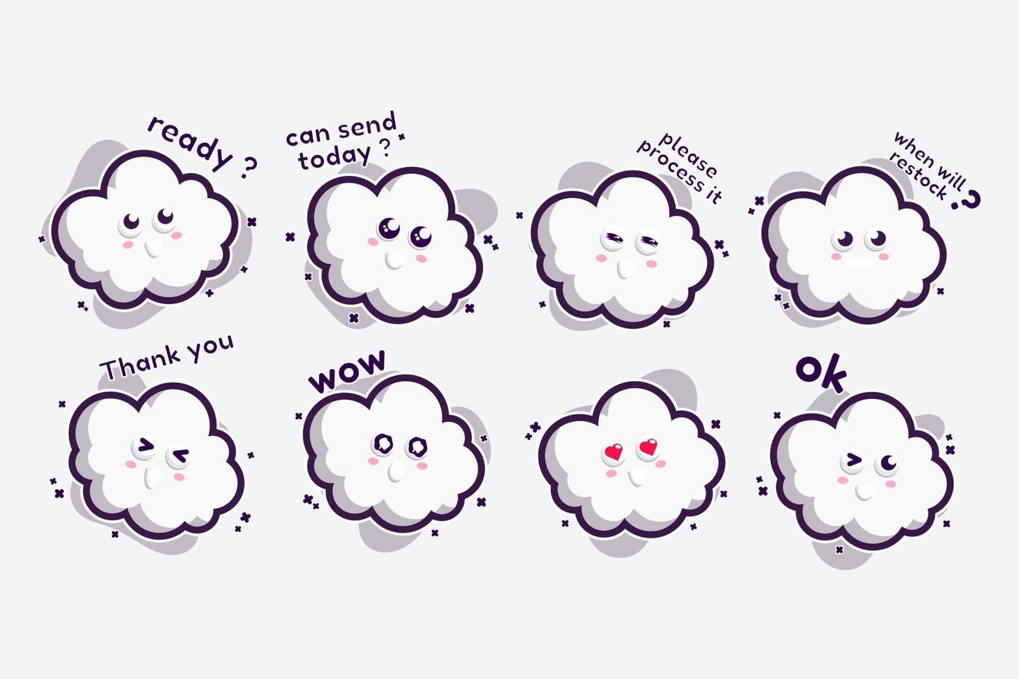 linda mascota de conjunto de personajes y nube de diseño de pegatinas para compras en línea cara de expresión de emoticono y nube de tormenta de truenos vector