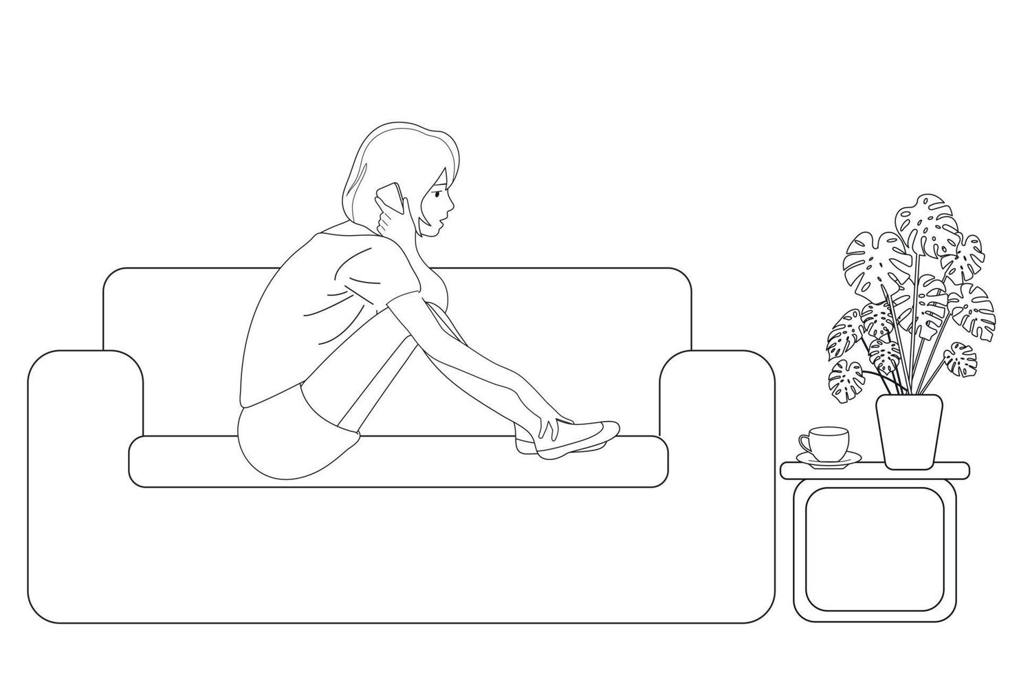 The girl is talking on the phone, sitting in the room on the couch. vector