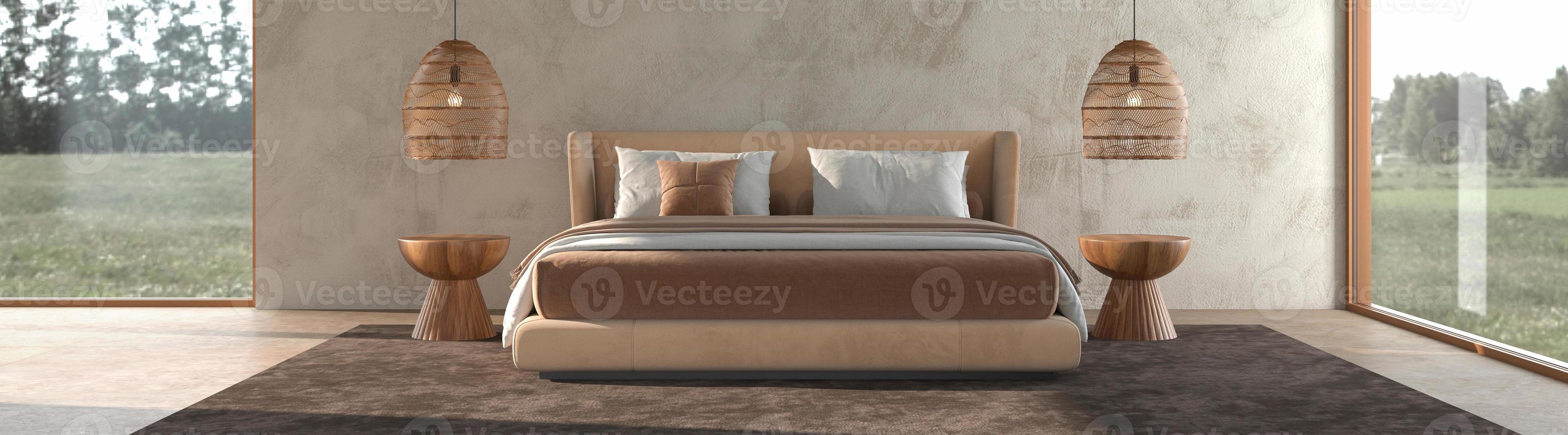 Minimalism modern bedroom interior scandinavian design with stucco wall mock up photo