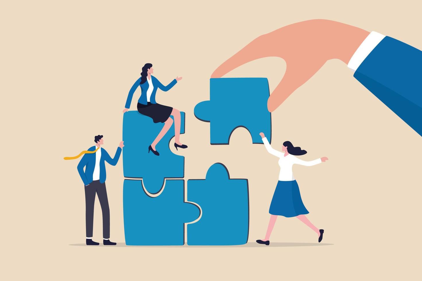 Build your team, leadership to develop teamwork or business partner, cooperate or collaborate for success, assist or help, giant businessman hand connect last jigsaw puzzle to office business team. vector