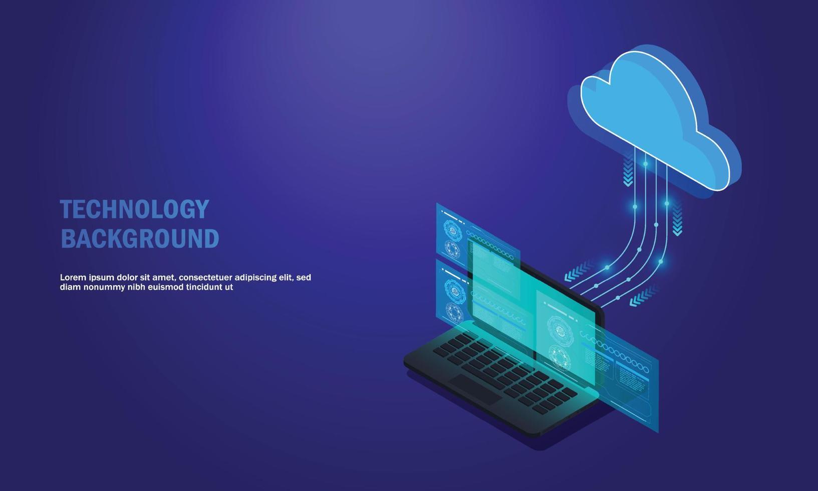 Laptop analysis processing. cloud services concept, file backup and saving, copy of file structure isometric vector , Database.