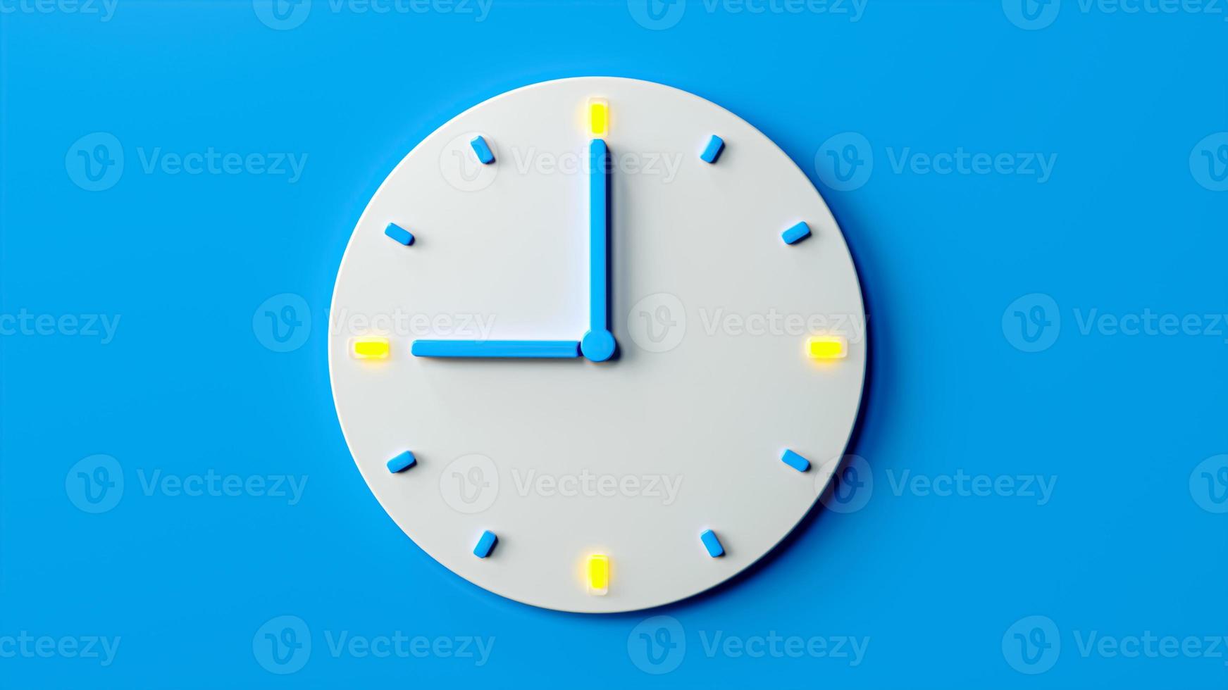 Time clock analog white on pastel blue background, modern minimal style for banner backlit hour needle, 9 o clock and 0 minutes flyer, poster or website. 3d rendering 3d illustration photo