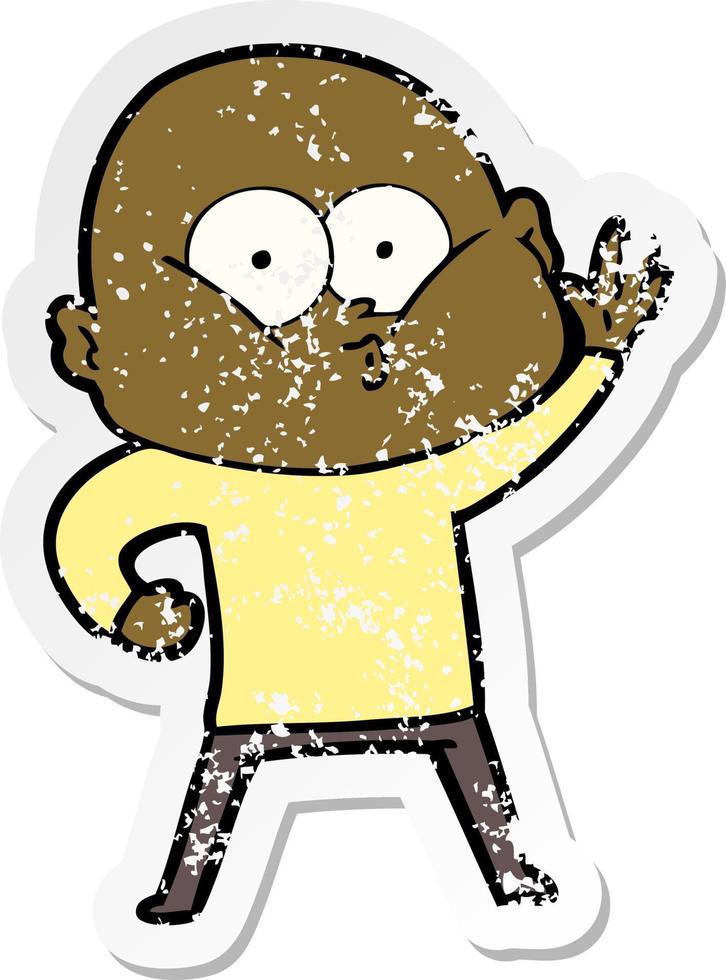 distressed sticker of a cartoon bald man staring vector