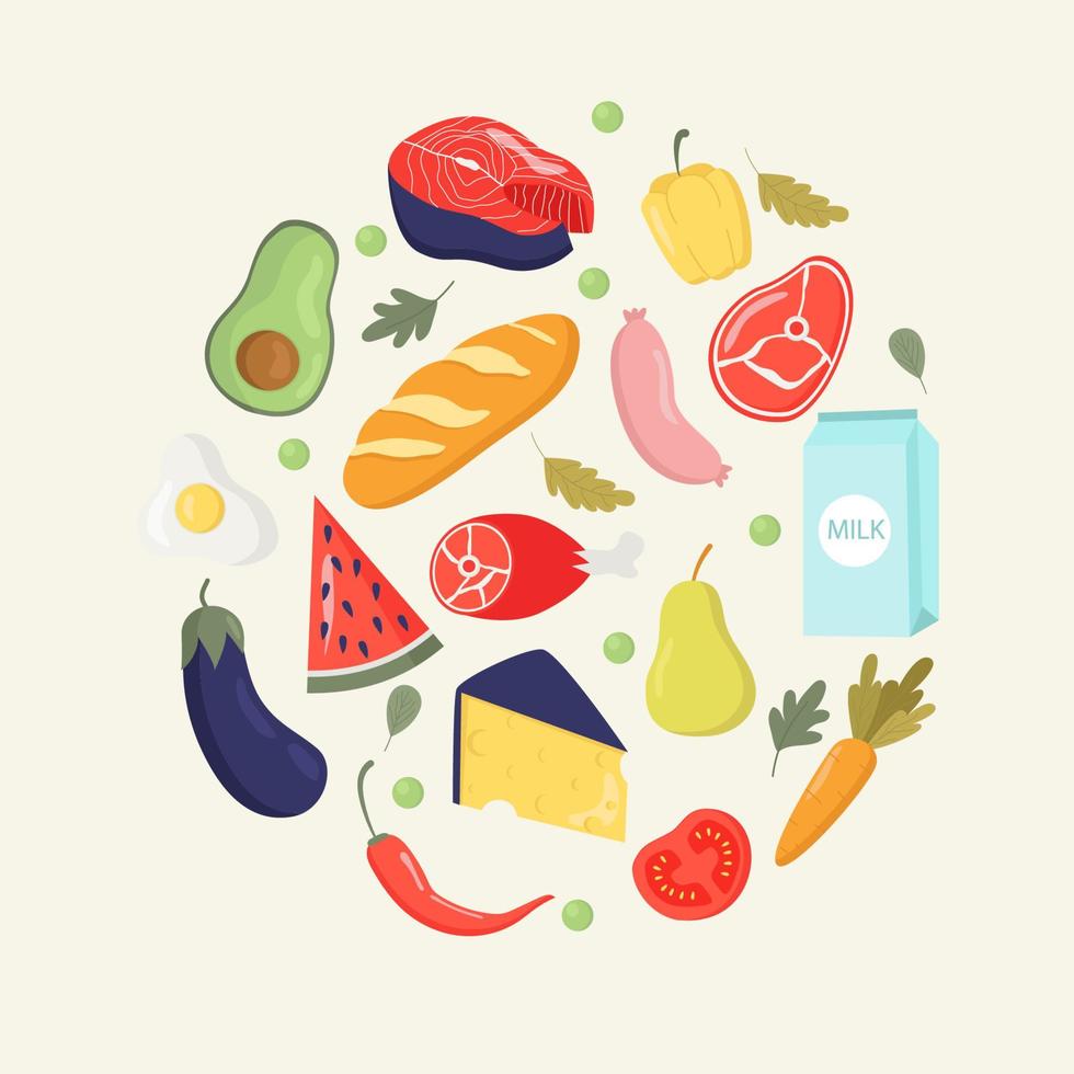 gran conjunto de productos.el concepto de una ilustración vectorial plana de seguridad alimentaria saludable para un banner, sitio web, plantilla de página de inicio, publicidad y folleto vector