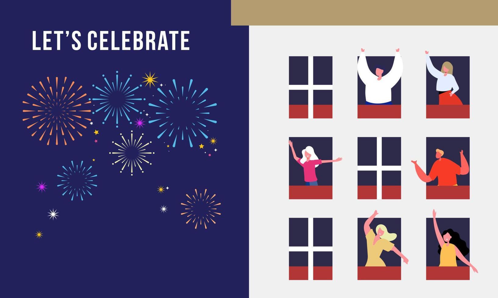 Celebration at home with neighbors. People standing on balconies, looking out of windows. Fireworks, vector