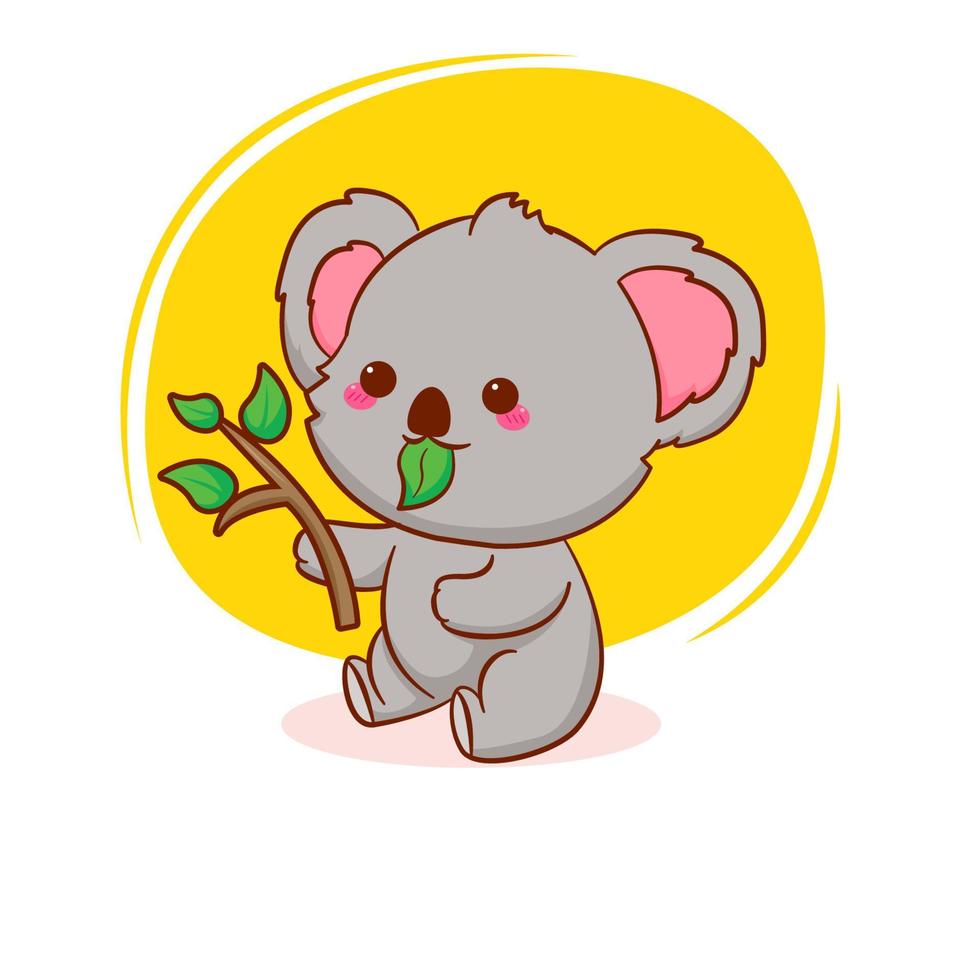 Cute koala bear eats leaves. Cartoon mascot illustration vector